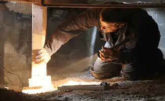 A professional inspecting wooden beams under the floor of a structure in Hollywood, FL